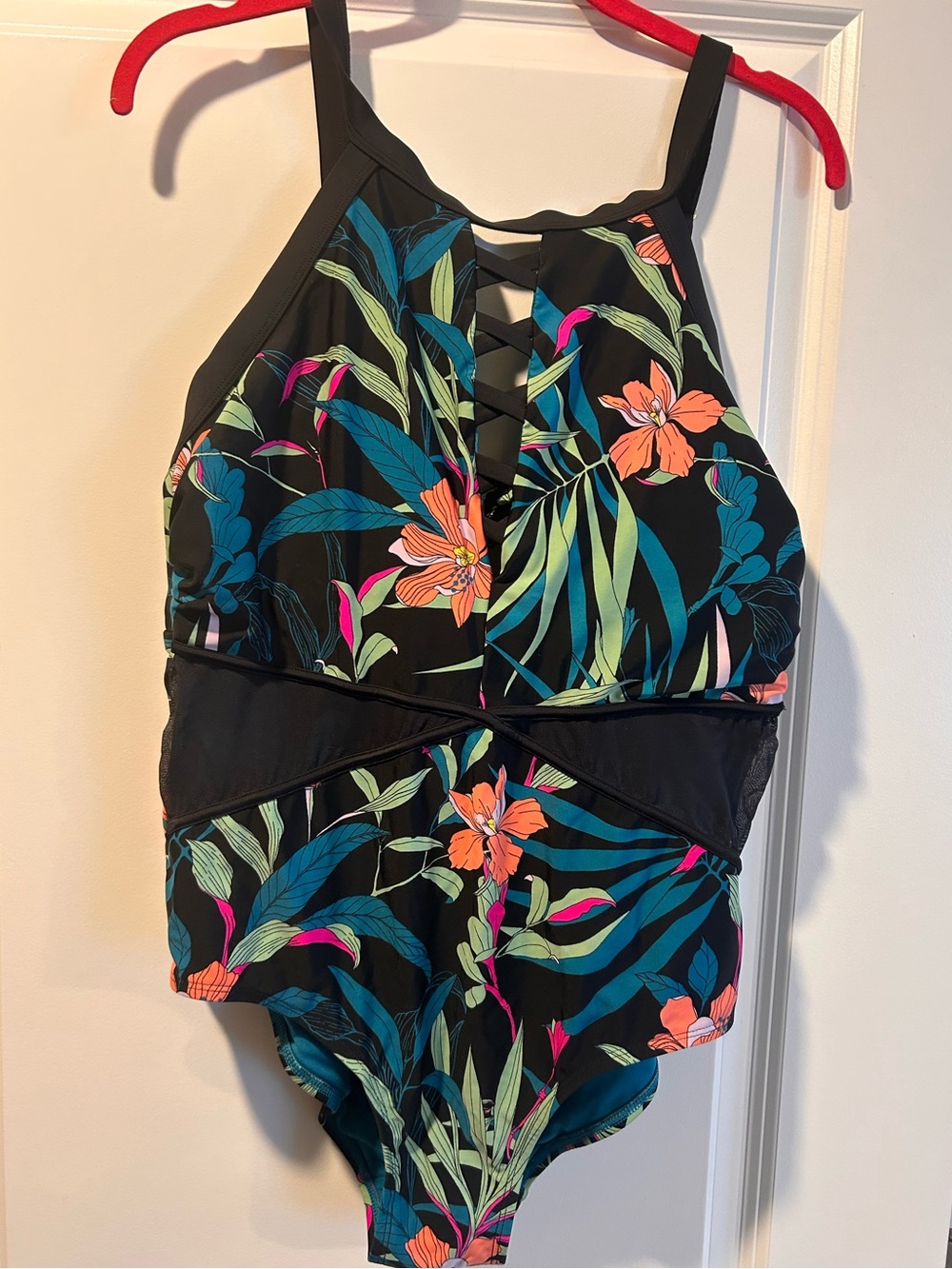 Floral High-Neck One-Piece Swimsuit - Black with Tropical Print. Size 14
